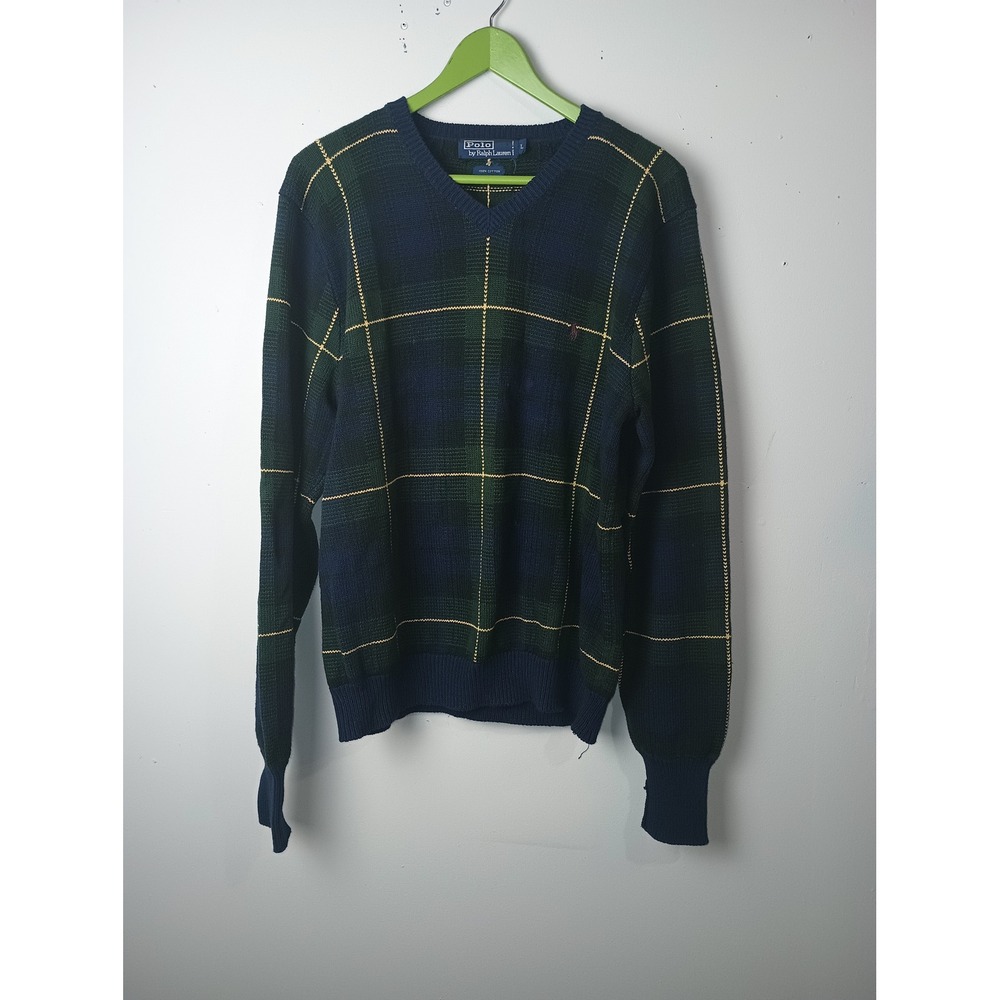 Polo Ralph Lauren Mens V-Neck Sweater Black Watch Plaid Cotton Knit Large